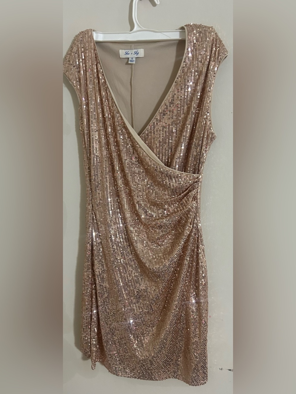 Sequin Wrap-Front Evening Mini Dress in Rose Gold